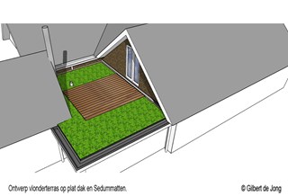 Ontwerp vlonderterras met Sedummatten op plat dak ©Gilbert de Jong